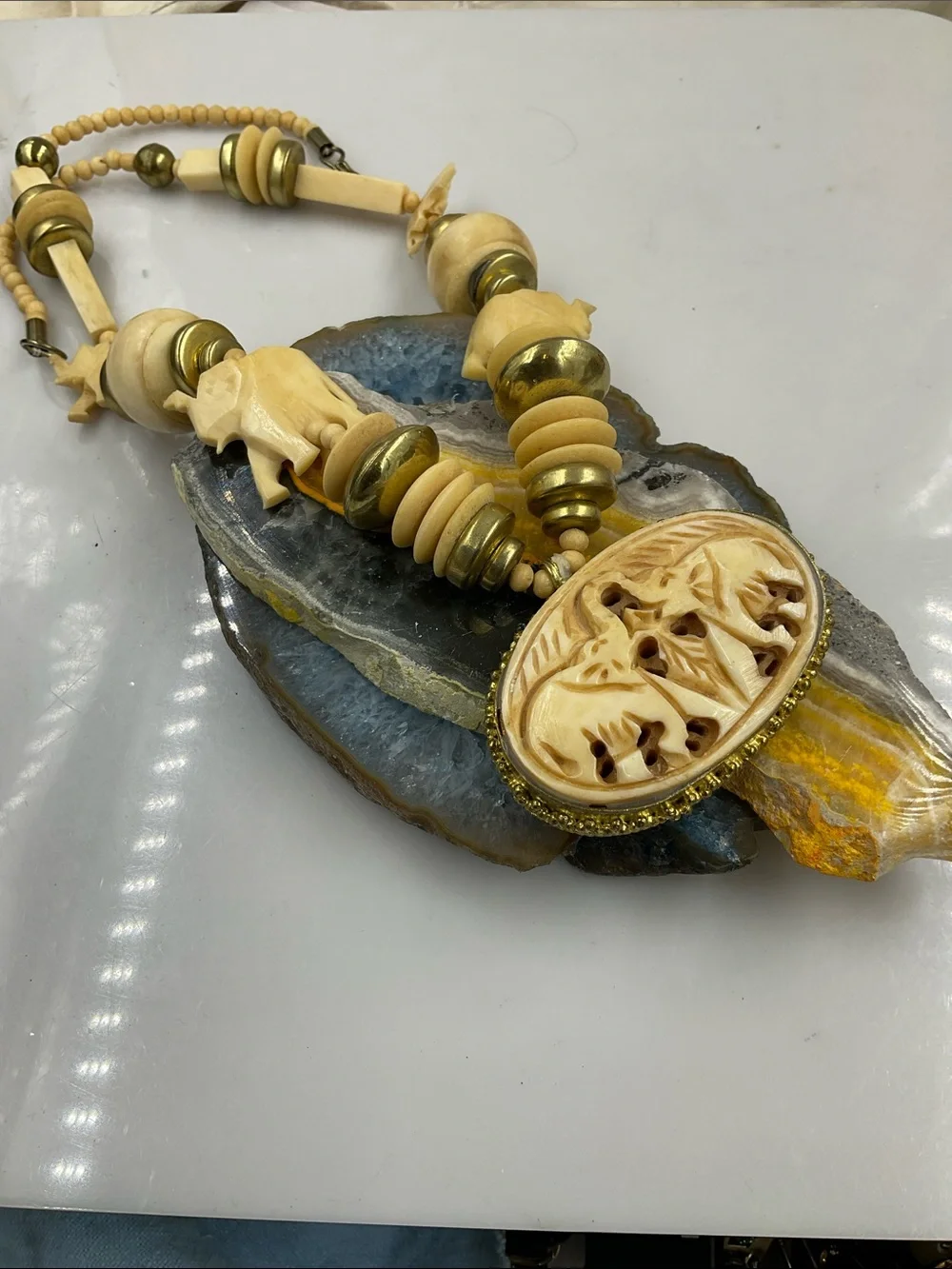 Vintage 1960 Gold Tone Hand Carved Bone Elephant Pendant Statement Necklace